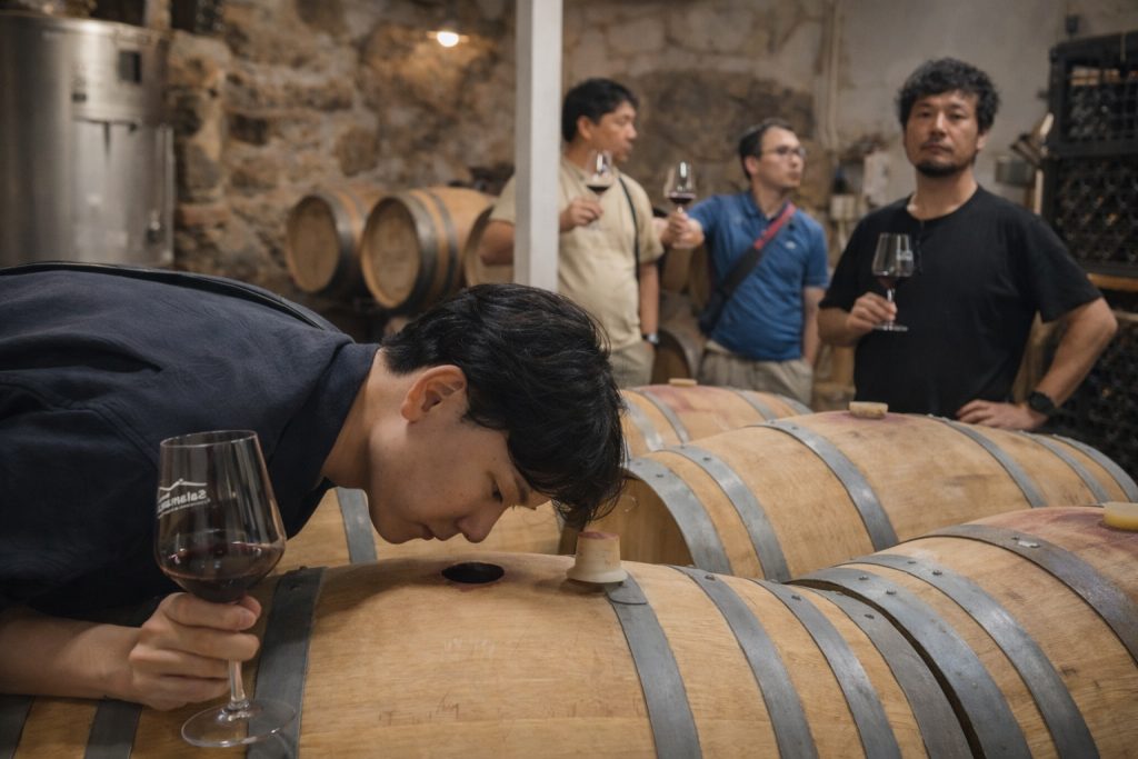 Visitante japonés catando vino de una barrica durante una visita a Bodega Vínculo Serrano
