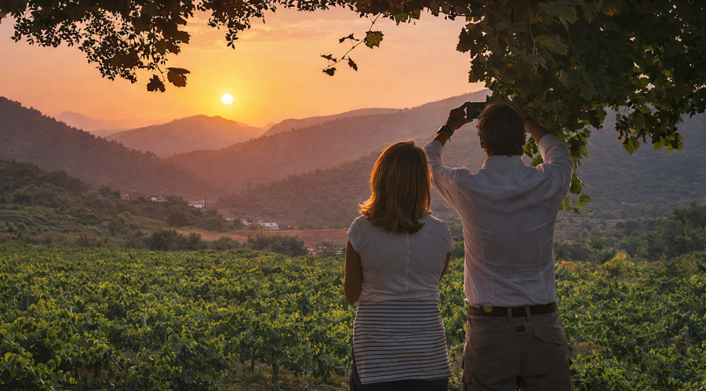 Visitantes contemplando el paisaje de la Sierra de Salamanca al atardecer. Experiencia Atardecer entre viñedos